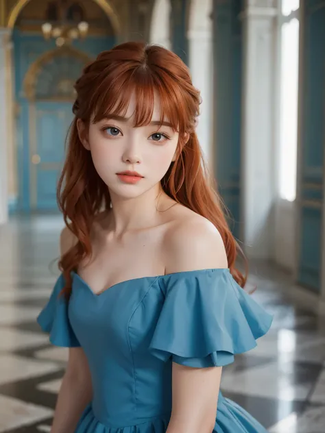 A beautiful woman. Fifteen years old. She has her bangs down. red hair. she is wearing a blue dress. She stands in a white palace.