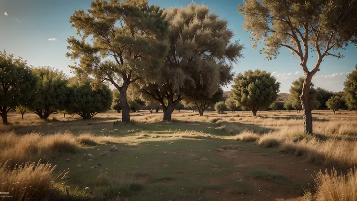 ancient biblical field with trees and lots of dry grass, few wild fruits, ), colorful raw surface, formas redondas suaves, hdr, 8K, 4k, renderizador de octanas, enorme detalhado, art station