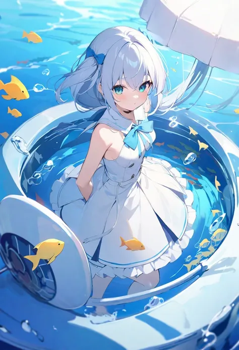 Shirakami Fubuki/(Holographic live broadcast/), (Pianfei), (best quality), Very detailed, 1 girl, Full body photo of the individual, perfect face, beautiful girl, Very detailed face，(In the water:1.4)，(float:1.3)，sink，school of fish，Light，jellyfish，seaweed...