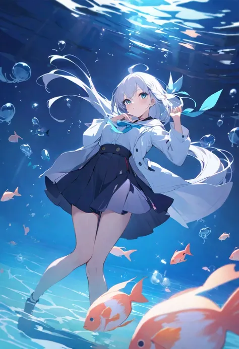 Shirakami Fubuki/(Holographic live broadcast/), (Pianfei), (best quality), Very detailed, 1 girl, Full body photo of the individual, perfect face, beautiful girl, Very detailed face，(In the water:1.4)，(float:1.3)，sink，school of fish，Light，jellyfish，seaweed...