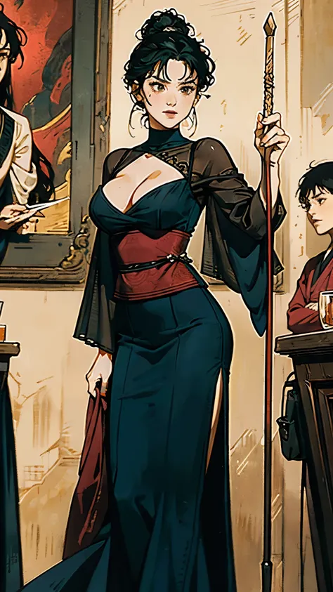 A mature woman with short lustrous azure hair, sporting a sleek and fashionable hairstyle, slightly lowered eyelids emanate a wild aura, her stern yet captivating face carries a disdainful smile, she boasts a slender and elegant figure, a fantasy martial a...