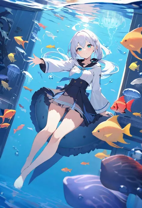 Shirakami Fubuki/(Holographic live broadcast/), (Pianfei), (best quality), Very detailed, 1 girl, Full body photo of the individual, perfect face, beautiful girl, Very detailed face，(In the water:1.4)，(float:1.3)，sink，school of fish，Light，jellyfish，seaweed...