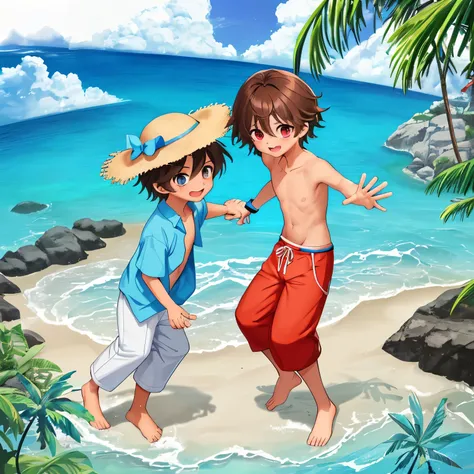 Blue sea on a tropical island Brothers on the shore、It&#39;s about a quarter of the size of the image, and the brothers are drawn near the bottom left.。 The two are having fun playing on the beach.。My brother is about 8 years old、My younger brother is abou...