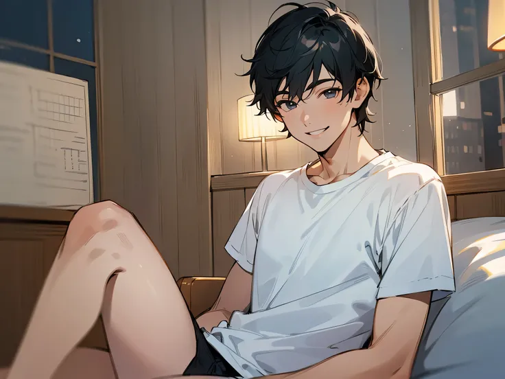 ,male,masterpiece, high quality, 最high quality, hd,perfect lighting, detailed face, detailed body, 1 person, short black hair, white t-shirt, (smile: 1.5), sitting, bed, in the room,((night))