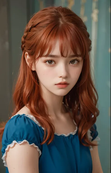 Upper body close-up image. A beautiful woman. she is looking at the camera with a serious expression. Fifteen years old. She has her bangs down. Her hair is neatly trimmed around her forehead.red hair. wearing a blue dress. She is in a chalk palace.