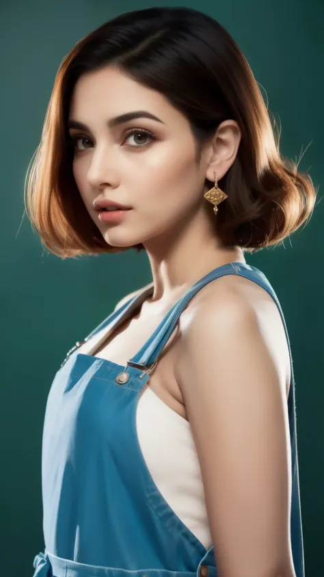 concept art, hyper realistic, indian actress, beautiful gorgeous face, beautiful body, beautiful face, highly detailed, 8K, overhead angle of a beautiful Bollywood model, wearing Funny Somali Emerald deep orange Pinafore, Caramel hair styled as Short hair,...