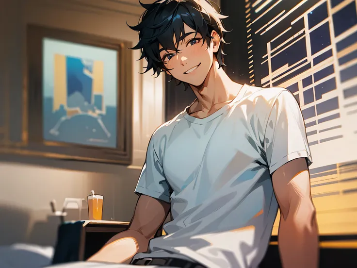 male,masterpiece, high quality, 最high quality, hd,perfect lighting, detailed face, detailed body, 1 person, short black hair, white t-shirt, (smile: 1.5), sitting, bed, in the room,((night))