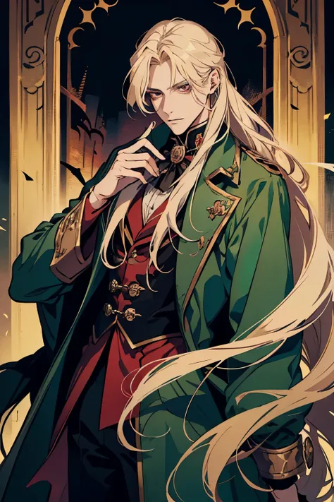 anime, full body, a man with long blonde hair and a green coat, alucard, castelvania, beautiful androgynous prince, magical blon...