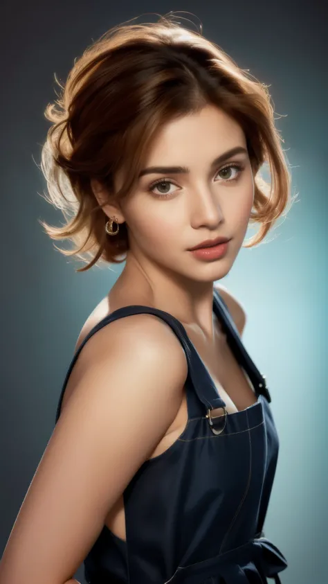 concept art, hyper realistic, indian actress, beautiful gorgeous face, beautiful body, beautiful face, highly detailed, 8K, overhead angle of a beautiful Bollywood model, wearing Funny Somali Emerald deep orange Pinafore, Caramel hair styled as Short hair,...