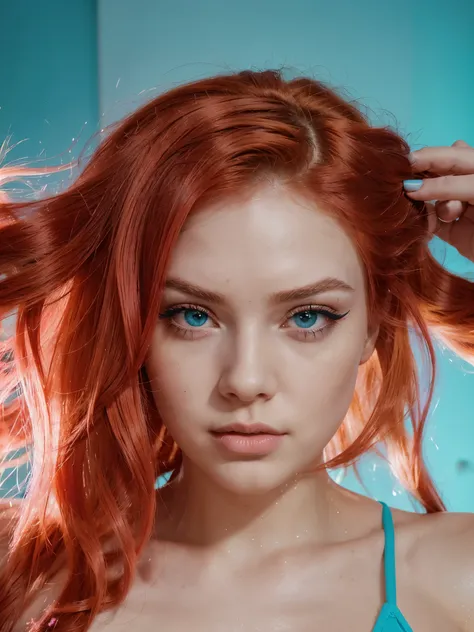 a 22 year old woman, serious expression and striking appearance. My hair ((long pastel neon red hair, contemporary and futuristic look)) frames my face and highlights my very very large blue eyes and brighter than a normal human being, magnetic brightness....