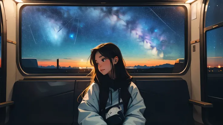 train,  Sit by the window,  take a pensive posture, look at the stars, My head got stuck in the glass, Scenery passing by at high speed, night trip, beautiful starry sky, Beautiful girl, UHD Portraits, (high quality) (ultra detail) Looking at viewers weari...