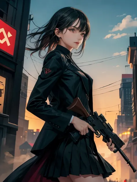 hold a gun in front of your face、hand gun、dynamic、assassin、black haired woman、black jacket and skirt、Diagonal、City of night