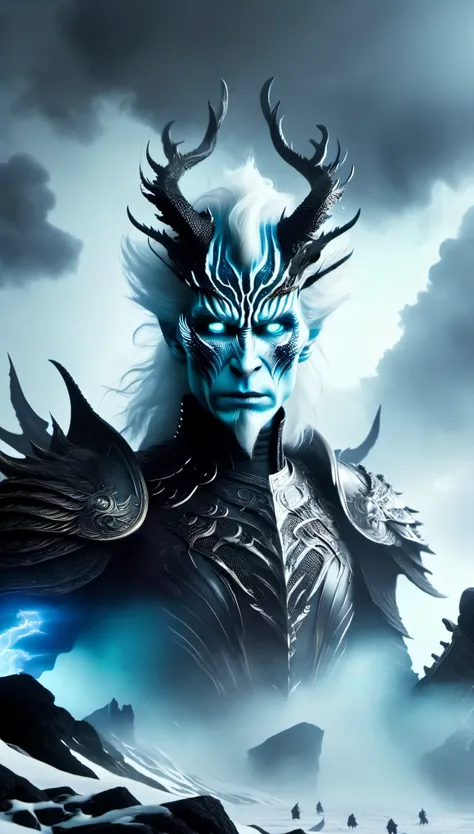 aerial photography，role conception，portrait，The appearance of the Night King is full of mystery、Cold and strong sense of power，The appearance of the Night King is very unique。His face is like a withered bone，Gives people a dead and cold feeling。His figure ...