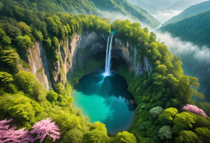 aerial view of towering steep and towering secret lake in a cliff, wild forest, magical mist, asymmetric secret lake cliff canyo...