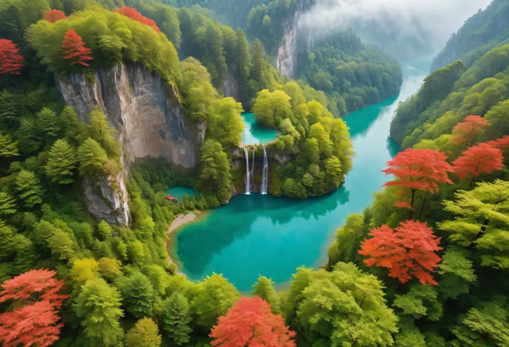 aerial view of towering steep and towering secret lake in a cliff, wild forest, forest mists, asymmetric secret lake cliff canyo...