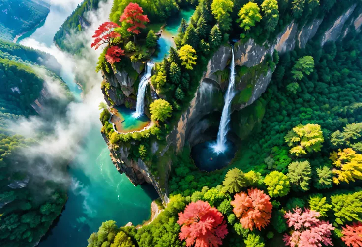 aerial view of towering steep and towering secret lake in a cliff, wild forest, forest mists, asymmetric secret lake cliff canyo...