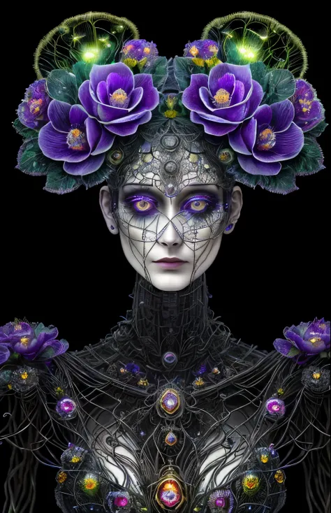 "Rosen maiden, (masterpiece, best quality), (illustration), strange fungal disease dense forest, transparent sticky substance, caustics, crystals, close-up, intricate details, dark background, sparkling spores, rainbow crystals, darknesade of metal, (cybor...