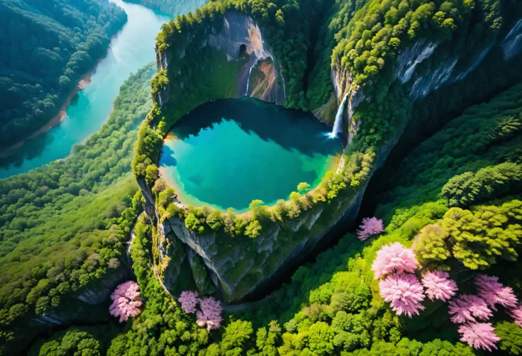 aerial view of towering steep and towering secret lake in a cliff, wild forest, magical mist, asymmetric secret lake cliff canyo...