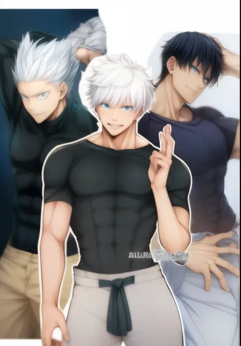 a couple of anime characters with white hair and blue eyes, gojo satorou middle , left garou from one Punch man, toji from jujutsu high quality fanart, a silver haired mad, white haired, white-haired, muscular! white, most strongest pose, handsome anime po...