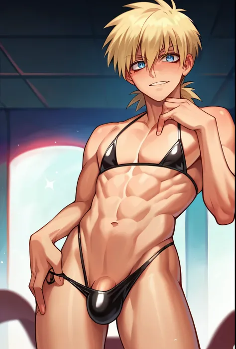 score_9, score_8_up, score_7_up, source_anime, blue eyes,                                                1boy, gay strip club, femboys, solo, stripping, blonde hair, strip dancing, latex mini bikini, string thong, bulge, arms behind bak,  looking at viewer...