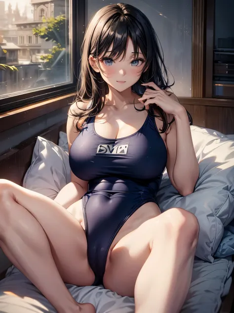 highest quality, 4K, one beautiful woman, beautiful big breasted woman, black haired woman, straight hair woman, ((A woman wearing a navy blue one-piece school swimsuit:1.3)), big smile, bare hands, barefoot, sitting on a big cushion