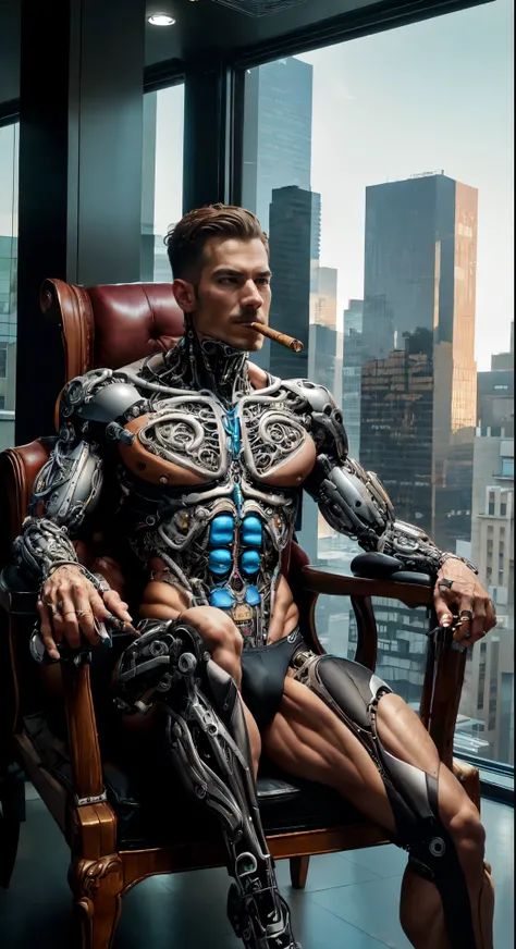 a skyscraper office in the big city, the cyborg man sits in a luxurious chair and smokes a Cuban cigar, high quality, absurdres, masterpiece, beautiful, intricate details, 1/2 body crop, slim body, beautiful figure, magnificent anatomy, (intricate details:...