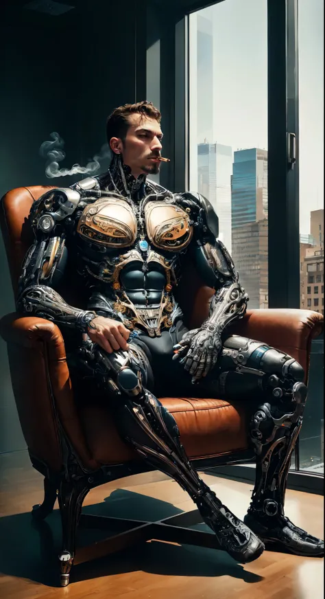 a skyscraper office in the big city, the cyborg man sits in a luxurious chair and smokes a Cuban cigar, high quality, absurdres, masterpiece, beautiful, intricate details, 1/2 body crop, slim body, beautiful figure, magnificent anatomy, (intricate details:...