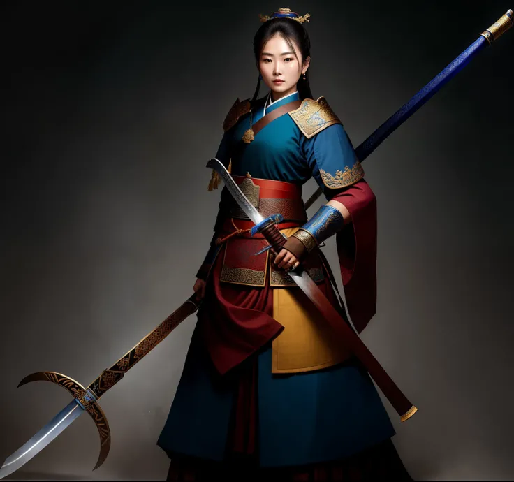 a close up of a woman in a blue and brown outfit holding a sword, north adult female warrior, inspired by Li Tang, north female warrior, inspired by Fan Kuan, inspired by Ju Lian, inspired by Li Mei-shu, female samurai, inspired by Cao Zhibai, inspired by ...