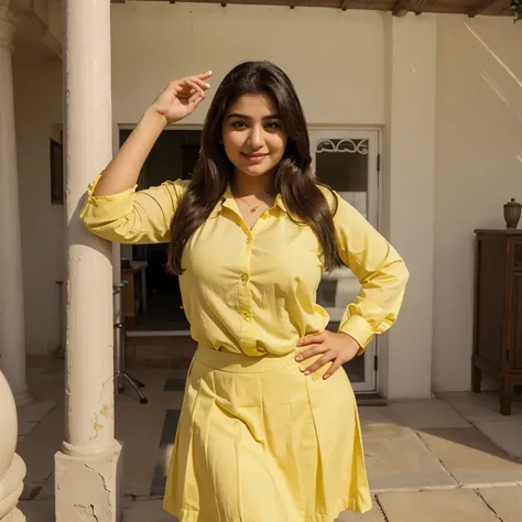 A young beautiful Pakistani woman, wearing yellow skirt, little bit chubby face, smiling, natural body posture, five fingers, ultra realistic photography, 