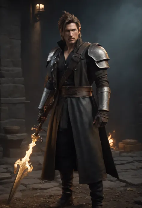 A realistic full body image of a reborn FFVII male character holding a spear and lots of magic and fire around, O homem tem barba, e um pente sobre o corte de cabelo marrom escuro, armadura de cor escura, in a war scenario, rosto detalhado, olhos detalhado...