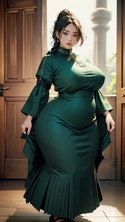 1girl, huge breast, wavy black short hair, green eyes,high quality, ultra detailed, masterpiece, realistic, gamis clothes,braid,standing, slightly fat arms , slightly fat belly , chubby cheeks 