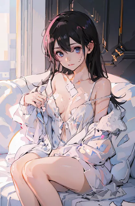 ((masterpiece)), Very detailed, best quality, 8k, Light, beautiful and delicate eyes, 1 girl, black hair, long hair, Next to a bottle of perfume, elegant, comfortable, Clean and detailed anime art, milky, cream dripping on face, illuminate warmly, Soap, (p...