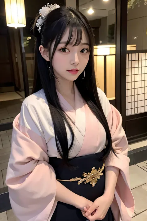 High resolution　high quality　beauty　Fancy Oiran　　masterpiece、Highest品質、　long hair　25 years old　black hair　long hair　Kyoto cityscape　blush　bangs　oily skin　beautiful 　nightの京都　Japanese woman with black eyes　　tie hair　cute　adult　beautiful　Highest　night　　gorge...