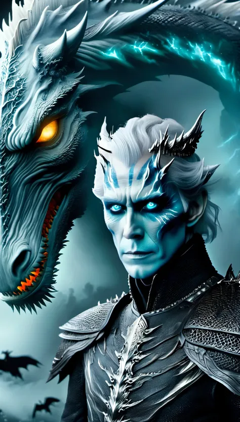 aerial photography，The appearance of the Night King is full of mystery、Cold and strong sense of power，The appearance of the Night King is very unique。His face is like a withered bone，Gives people a dead and cold feeling。His figure is like a long sword，Tall...