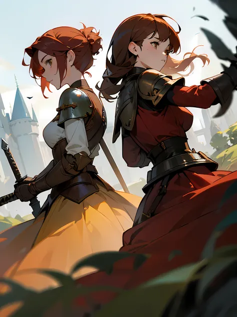 Masterpiece, best quality, fantasy world background,  battlefield background, depth of field, castle ruins, fire soldiers. 2 girls, Scarlett Johansson with short red hair and pale green eyes, and Emma Watson with long brown hair, tied back and brown eyes, ...