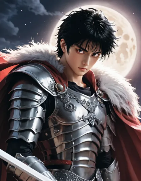 masterpiece, best quality, highly detailed, guts (berserk), 1boy, armor, bandages, black hair, cape, full moon, huge weapon, male focus, manly, moon, multicolored hair, one eye closed, scar, solo, sword, weapon, white hair