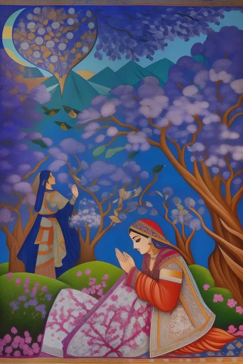 painting of a woman kneeling on a rock with a  in the background, persian folktale artstyle, by Sohrab Sepehri, by Abdullah Gërguri, by Taravat Jalali Farahani, persian folktale art style, by John Moonan, by Mahmoud Farshchian, by Lubna Agha