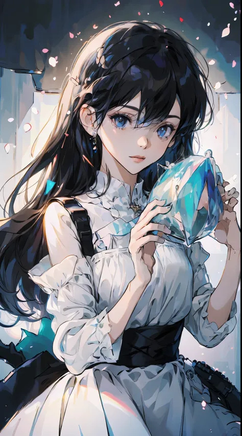 (a woman),(black hair), (rich and colorful hair),medium chest,(black hair), rich and colorful, (crystal),shining, soft light, radiant hair, Stunning iridescent hair and stunning eyes,a delicate face,delicate eyes,The style of watercolor painting is、Inject ...