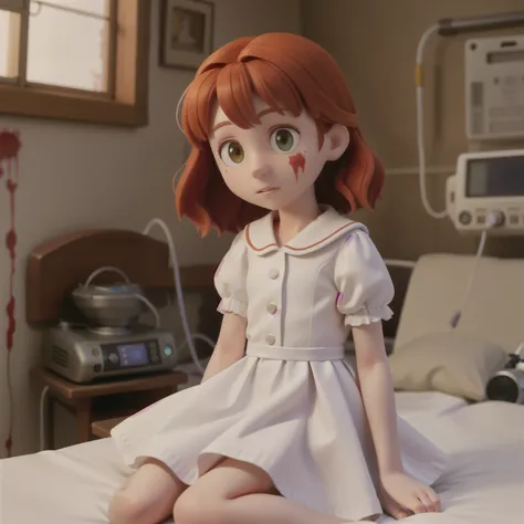 a photo of Aurora Maricá, small red-haired girl, honey-colored eyes, 8 years old, white dress, torn and stained with blood. sitting on a bed in an abandoned hospital room. With wired devices attached to your body. and oxygen, cardiac, and other equipment n...