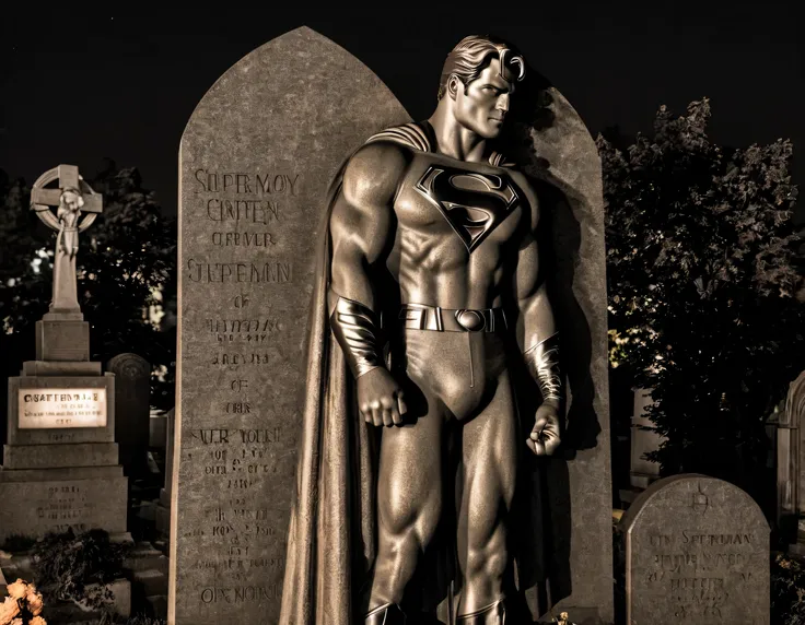 heroic gravestone of superman, bright cemetery in the middle of a city nighttime backlit high-saturation, high quality film grai...