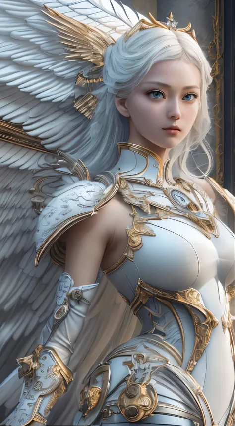 Close-up of a woman in a white dress with wings, full body angel, futuristic robot angel, wonderful angel wings, angel knight gothic girl, angel in plastic armor, intricate costume designs, As a mysterious Valkyrie, The whole body is made of white feathers...