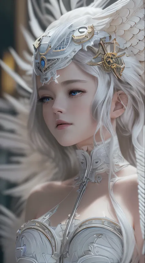 Close-up of a woman in a white dress with wings, full body angel, futuristic robot angel, wonderful angel wings, angel knight gothic girl, angel in plastic armor, intricate costume designs, As a mysterious Valkyrie, The whole body is made of white feathers...