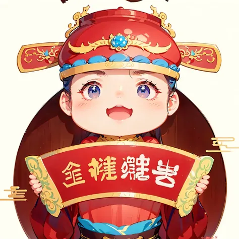 Close-up of cartoon character holding Chinese slogan, Chiba Yudai, Inspired by Puhua, nanquan, Popular topics on cgstation, Cai Xukun, Inspired by Dong Yuan, Inspired by Gong Xian, Hungry Ghost Festival, Wang Chen, traditional Chinese, god of wealth，16k