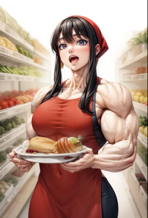 , masterpiece,girl,yor briar,biceps,muscular female, alternate muscle size,red sweater,open mouth,broad shoulder,pecs, muscular ,