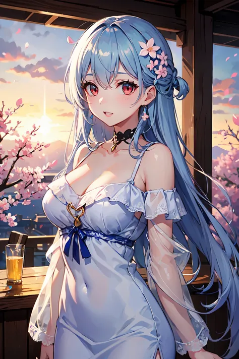 1 female、whole body、long hair、well-groomed face、silver hair and blue hair 1:3、dense lips、red eyes、off shoulder dress、beautiful breasts、slim、mini skirt、cherry blossoms、cherry blossoms吹雪、petal、hot spring town、sunset、masterpiece、ultra high resolution、delicate...