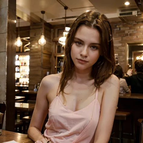 female supermodel sites in the bar with her boyfriend and wears a pink dress