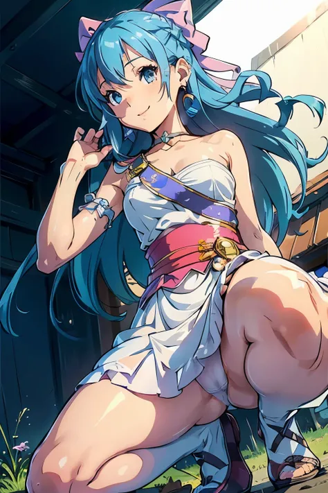 High resolution、highest quality、1 girl、slender、short height、thin legs、thin thighs、big 、outdoors、shy smile、(aristocratic mini dress、Sexual panties with detailed decorations、Long light blue hair)、show your shoulders、FLORA (DQ5),LONG HAIR,HALF UPDO,PINK BOW,E...