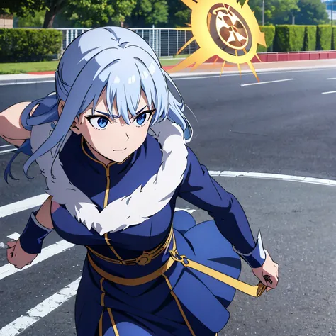 diosa griega de la victoria y velocidad, Actitud orgullosa pero interesada por un humano,pelo azul oscuro,ojos azules, corriendo a gran velocidad, con vestimenta de diosa griega, estilo anime Record of Ragnarok 