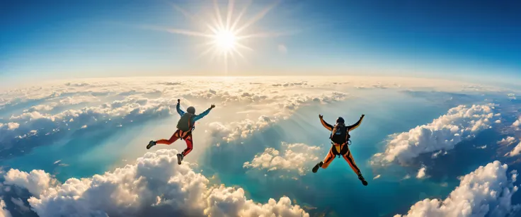 man and woman skydiving,taken from above,hold hands,flight,horizon,photograph,reality,be familiar with,gentle color,vibrant colo...