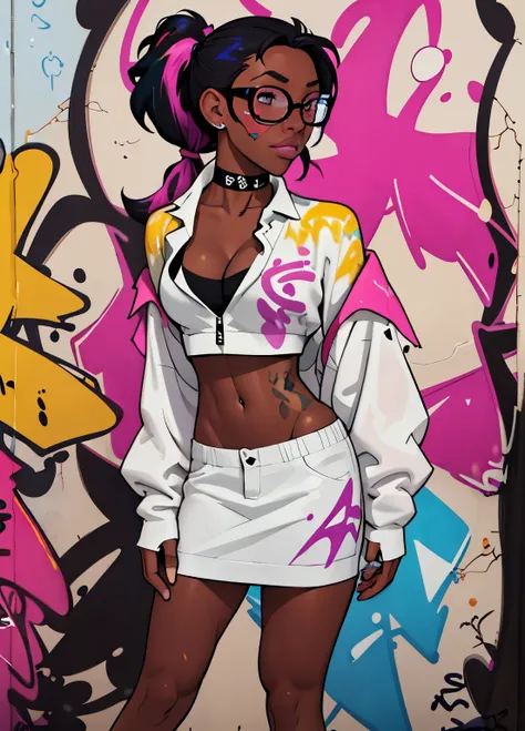 dark skinned, masterpiece, best quality, 1girl, solo, choker, (graffiti:1.5), paint splatter, arms behind back, against wall, looking at viewer, multicolored hair, pigtails, glasses, cleavage, pasties, full bodypaint ,no clothes